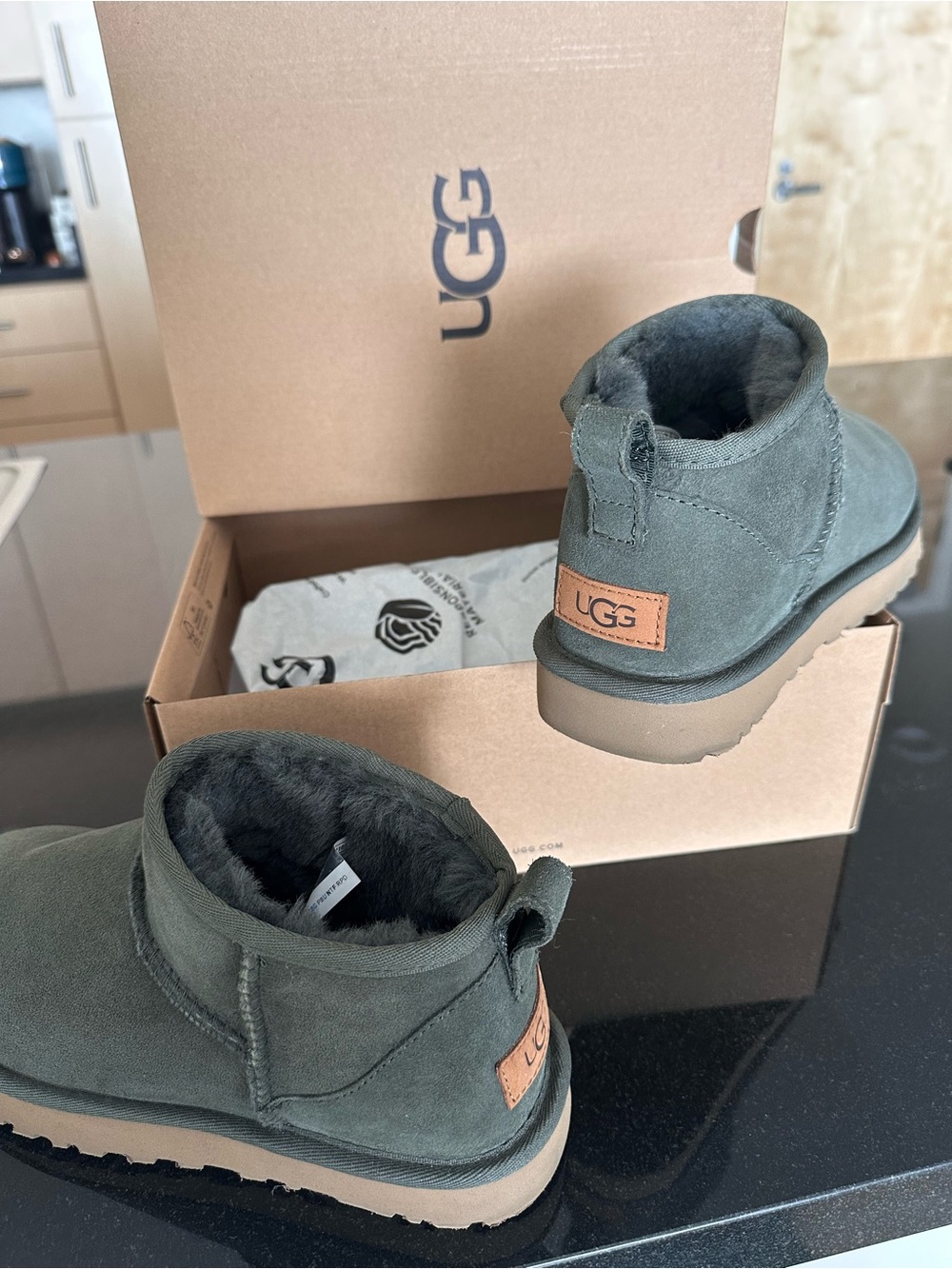 UGG Mini Booties in Olive Suede with Tan Heel Patch